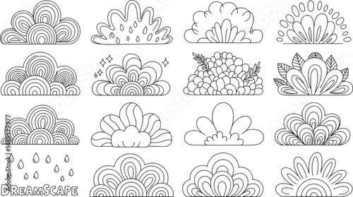 Cute doodle clouds flowers line art coloring book pages