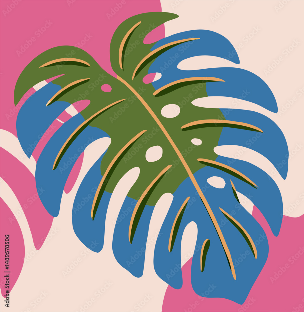 Obraz premium Abstract Monstera Leaf Illustration, Tropical Plant Art, Pink Background
