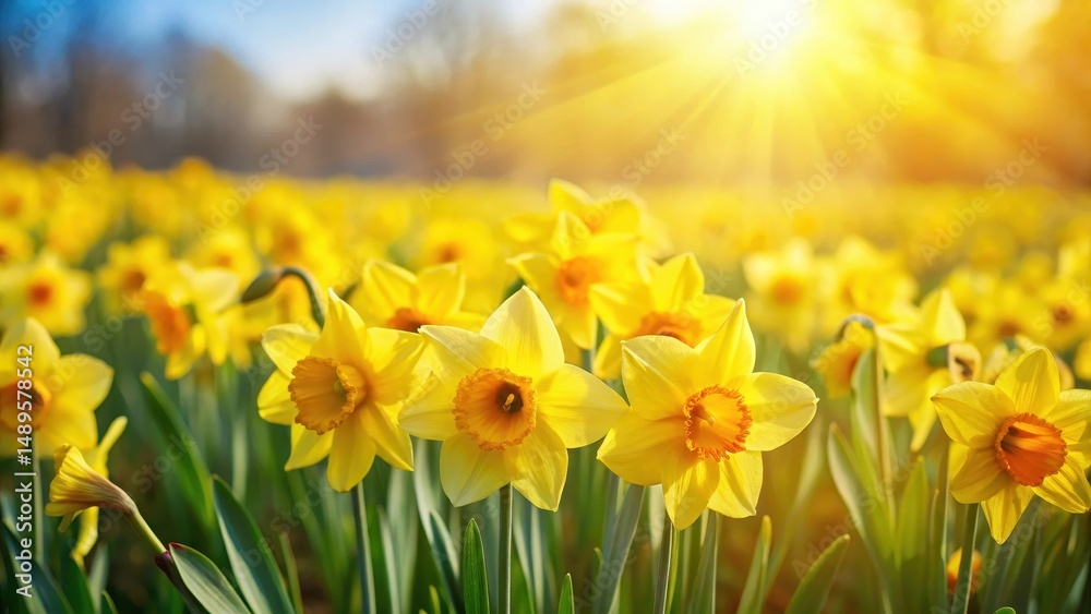 Fototapeta premium A bright yellow daffodil field swaying gently in the warm spring breeze, field, sunshine, field