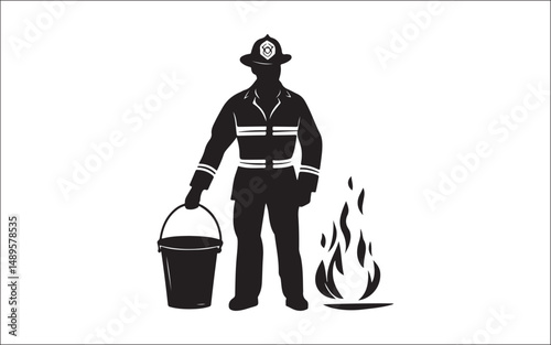 man and woman. firefighter, silhouette, rescue, emergency, uniform, helmet, hose, truck, team, danger