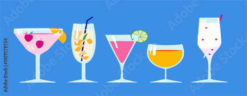 Five Colorful Cocktails: Martini, Bellini, Cosmopolitan, etc.