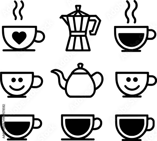 Cute coffee tea cups kettle moka pot icons