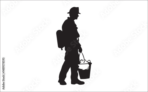silhouette of a woman with a suitcase. firefighter, silhouette, rescue, emergency, uniform, helmet, hose, truck, team, danger