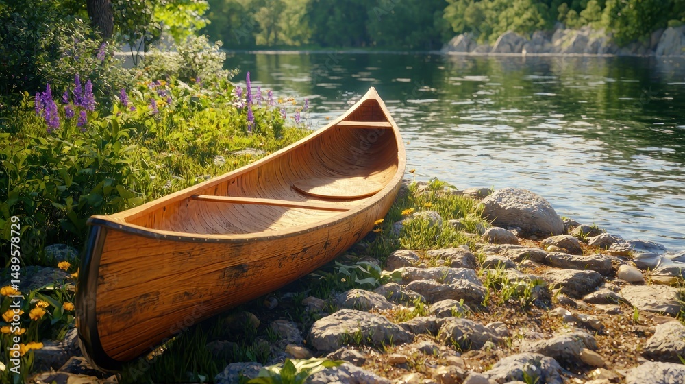 Wooden canoe on lake shore peaceful scene with water and natural landscape Wooden canoe on lake shore peaceful scene with water and natural landscape