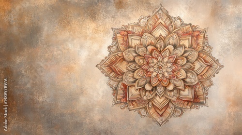 Intricate mandala design in warm brown and beige tones detailed floral pattern textured background