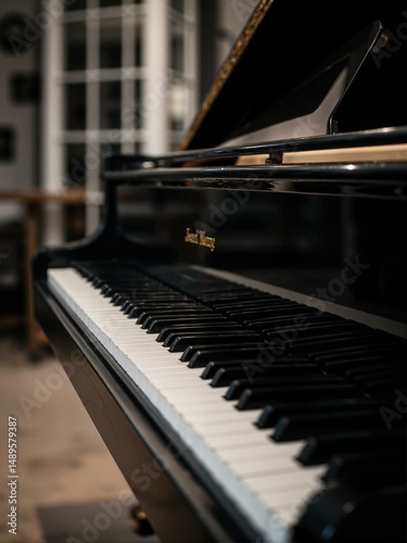 Closeup of grand piano with black and white keys.