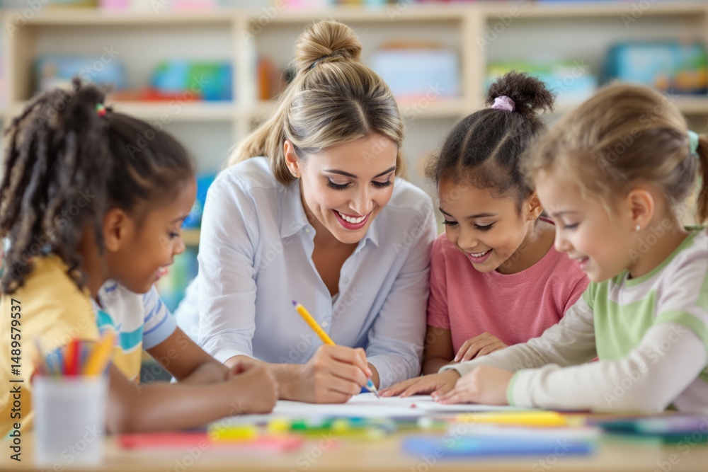 Fototapeta premium Teacher and young children smiling and drawing together at a classroom table, colorful educational background, concept of creative early childhood learning, Ai generative