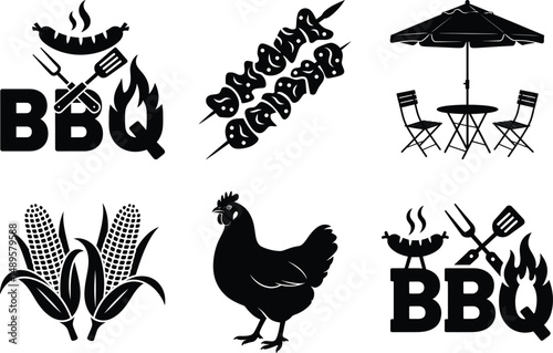 BBQ Silhouette Collection – Grill, Meat & Cookout Elements. Grill Master Silhouettes, Barbecue Tools & Cooking Poses, Barbecue Silhouette, BBQ Grill and Meat, Picnic, Smoker & Grilling Vectors, Flames