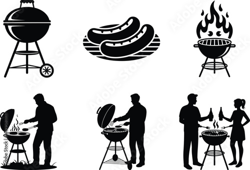 BBQ Silhouette Collection – Grill, Meat & Cookout Elements. Grill Master Silhouettes, Barbecue Tools & Cooking Poses, Barbecue Silhouette, BBQ Grill and Meat, Picnic, Smoker & Grilling Vectors, Flames
