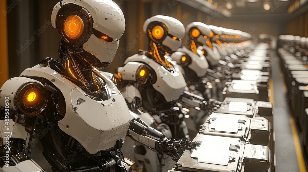 Fototapeta premium Futuristic robots in a production line, meticulously arranged.