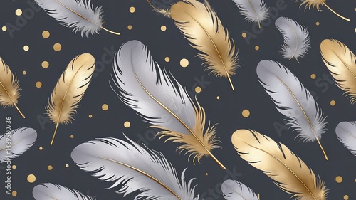 Elegant Silver and Gold Feathers Scattered on Dark Background