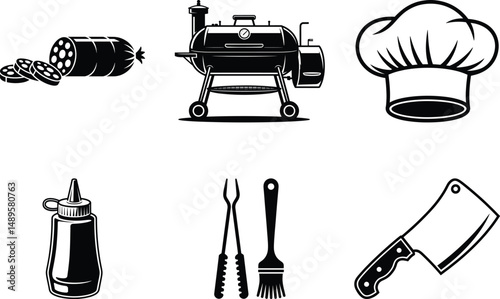 BBQ Silhouette Collection – Grill, Meat & Cookout Elements. Grill Master Silhouettes, Barbecue Tools & Cooking Poses, Barbecue Silhouette, BBQ Grill and Meat, Picnic, Smoker & Grilling Vectors, Flames