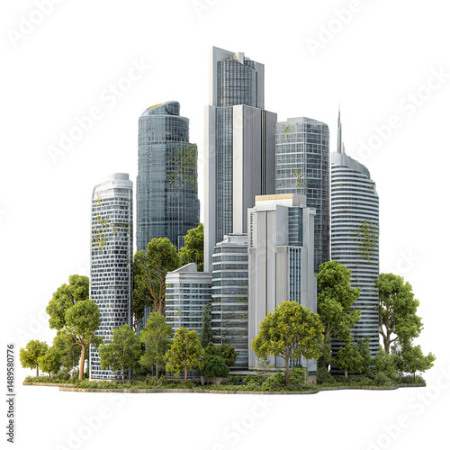 Modern Cityscape with Lush Greenery, PNG