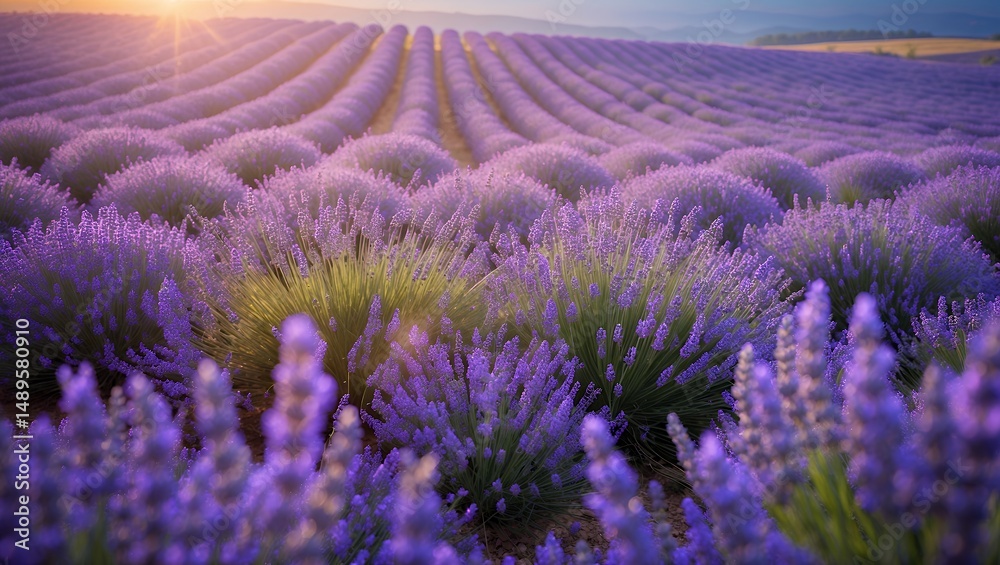 Obraz premium Blooming Lavender Field at Sunrise with Rows of Purple Flowers