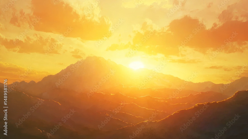 Obraz premium Golden sunlight beaming over a mountain ridge at sunrise