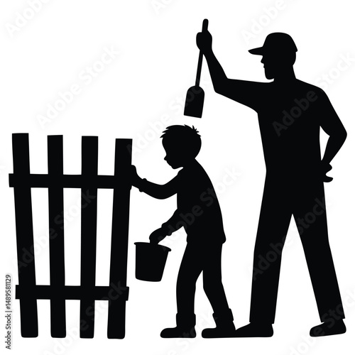 Father and Son Repairing Fence Outdoor Activity Silhouette
