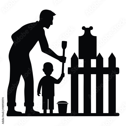 Father and Son Bonding Painting Wooden Fence Together