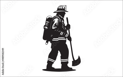 fire fighter silhouette vector . firefighter, silhouette, rescue, emergency, uniform, helmet, hose, truck, team, danger