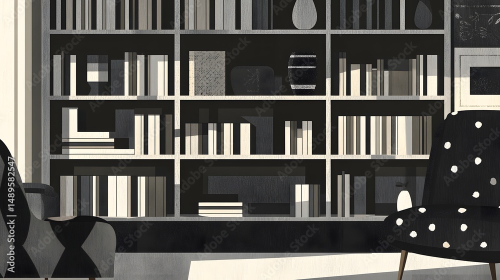 Stylish, minimalist interior with bookshelves and chair. Stylish, minimalist interior with bookshelves and chair.