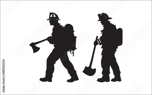 silhouette of a man with a fire fighter silhouette vector firefighter, silhouette, rescue, emergency, uniform, helmet, hose, truck, team, danger