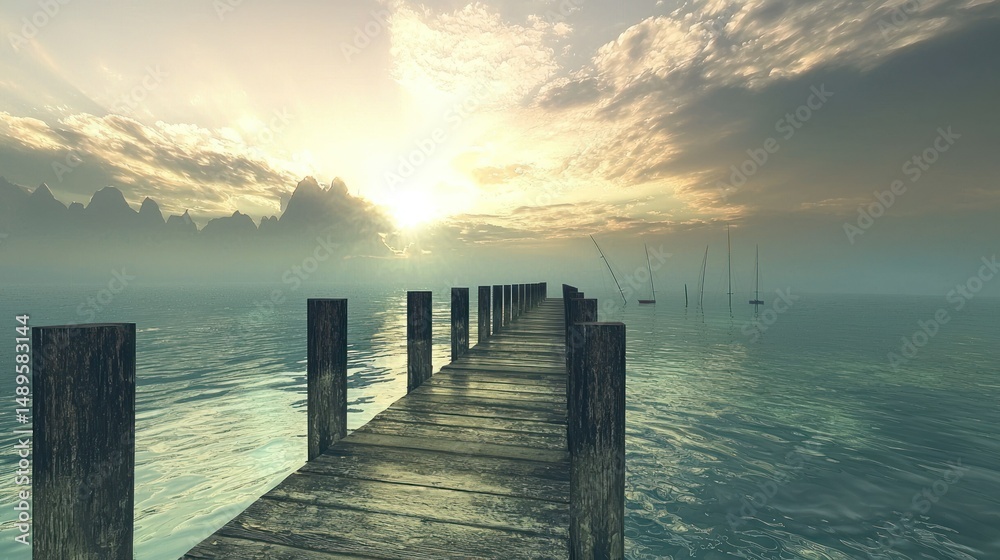 Obraz premium Wooden pier extending over water towards bright horizon and sky