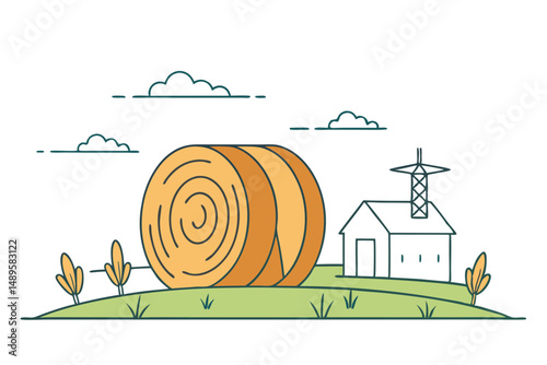 Rustic Farm Scene with Round Hay Bale Vector Design