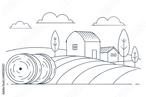 Hay Bale on Farmland with Open Field Background Vector