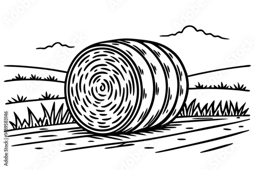 Field with Rolled Hay Bales Vector Landscape Illustration