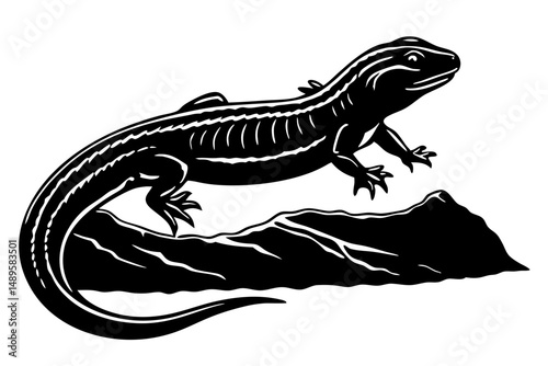 Silhouette design of a sandfish skink basking in the warm sun, sandfish skink, reptile, lizard, animal, silhouette, vector, black and white, outline, basking, sun, wave, desert, wildlife, nature, crea
