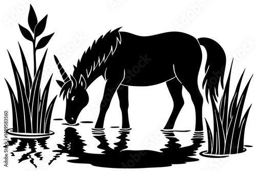 Silhouette design of a unicorn drinking from a still cup, unicorn, silhouette, drinking, still, cup, water, beverage, magical, fantasy, illustration, graphic, design, vector, outline, black, white