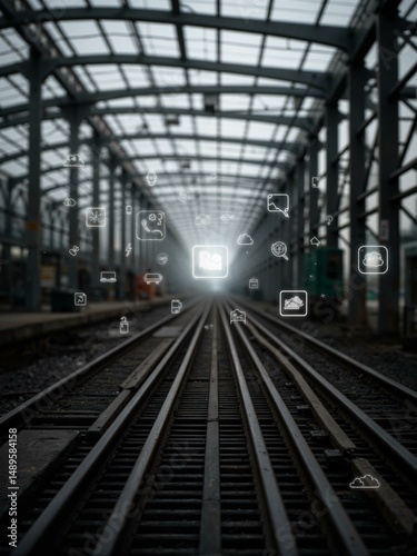Digital icons superimposed on photograph of railway tracks.