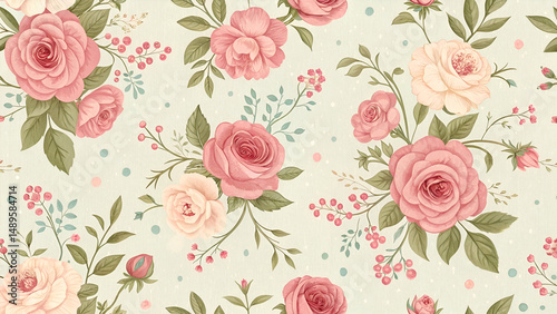 Repeating pastel floral design with vintage roses, suitable for digital use, textile décor, and print projects