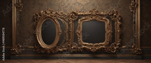 Ornate frames, swirling damask backdrop Classic elegance , sophisticated, gold