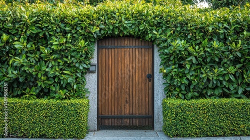 Minimal wooden gate surrounded by a lush green hedge, modern landscape