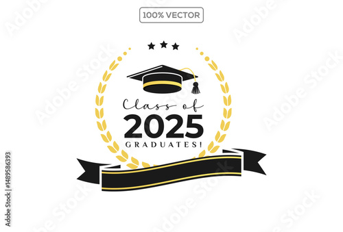 Set of class of 2025 graduation award emblem design template, graduation cap with laurel wreath in gold color template design collection