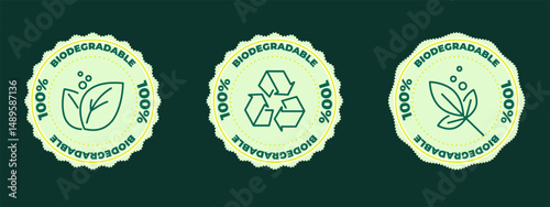 Set of three round biodegradable icons in green and yellow. Vector stamps for eco-friendly packaging and plastic-free compostable materials.