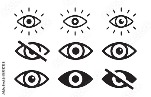 Black Eye icon set. See and unsee symbol. Eyesight vision sign. Show password. Vector illustration eps 10