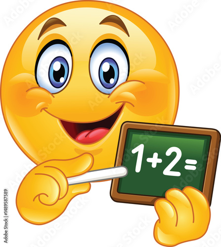 Happy Emoji Emoticon Teacher Holding a Chalkboard with a Simple Math Problem and Pointing at It with a Piece of Chalk