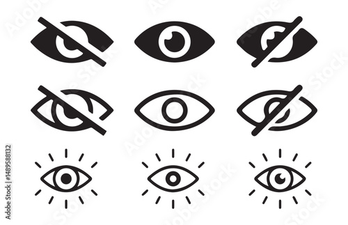 Black Eye icon set. See and unsee symbol. Eyesight vision sign. Show password. Vector illustration eps 10