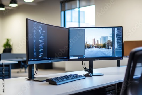Modern workspace with two computer monitors displaying different content