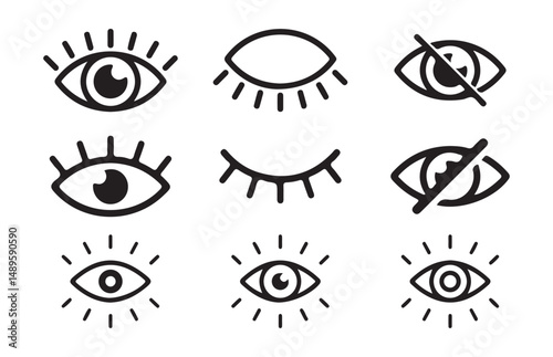 Black Eye icon set. See and unsee symbol. Eyesight vision sign. Show password. Vector illustration eps 10