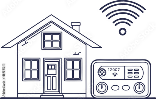 Vector icon of a smart home with Wi-Fi signal and digital dashboard outline in flat color style"
