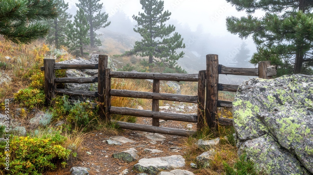 Small wooden gate on a mountain trail, surrounded by fog and pine trees Small wooden gate on a mountain trail, surrounded by fog and pine trees