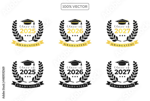 Set of class of 2025 2026 2027 graduation award emblem design template, graduation cap with laurel wreath in gold color template design collection
