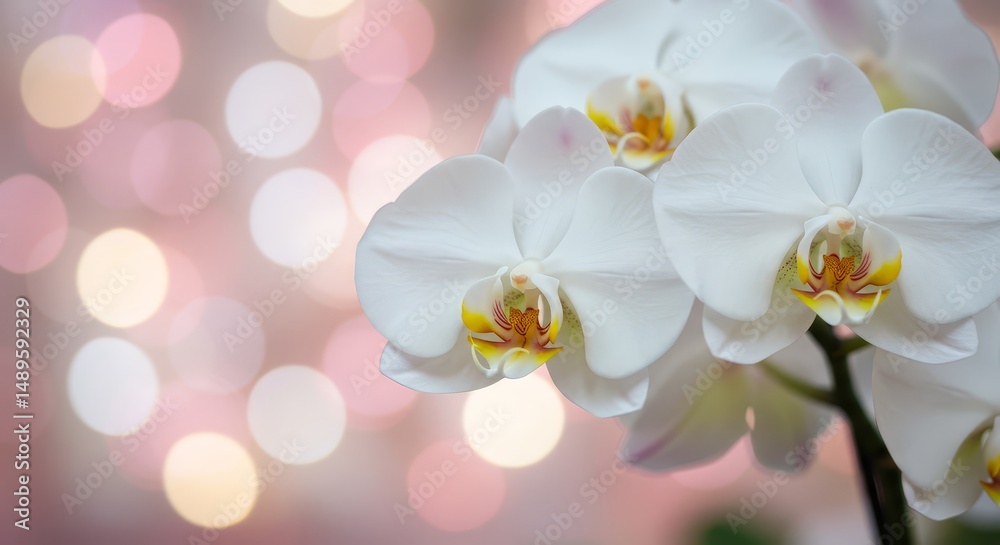 Obraz premium Orchid Wallpaper. Blooming White Orchids on Bokeh Lights Background