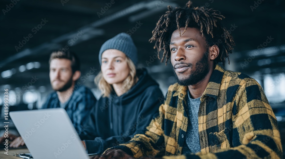 Obraz premium Three diverse people look at a laptop screen indoors in a casual setting.