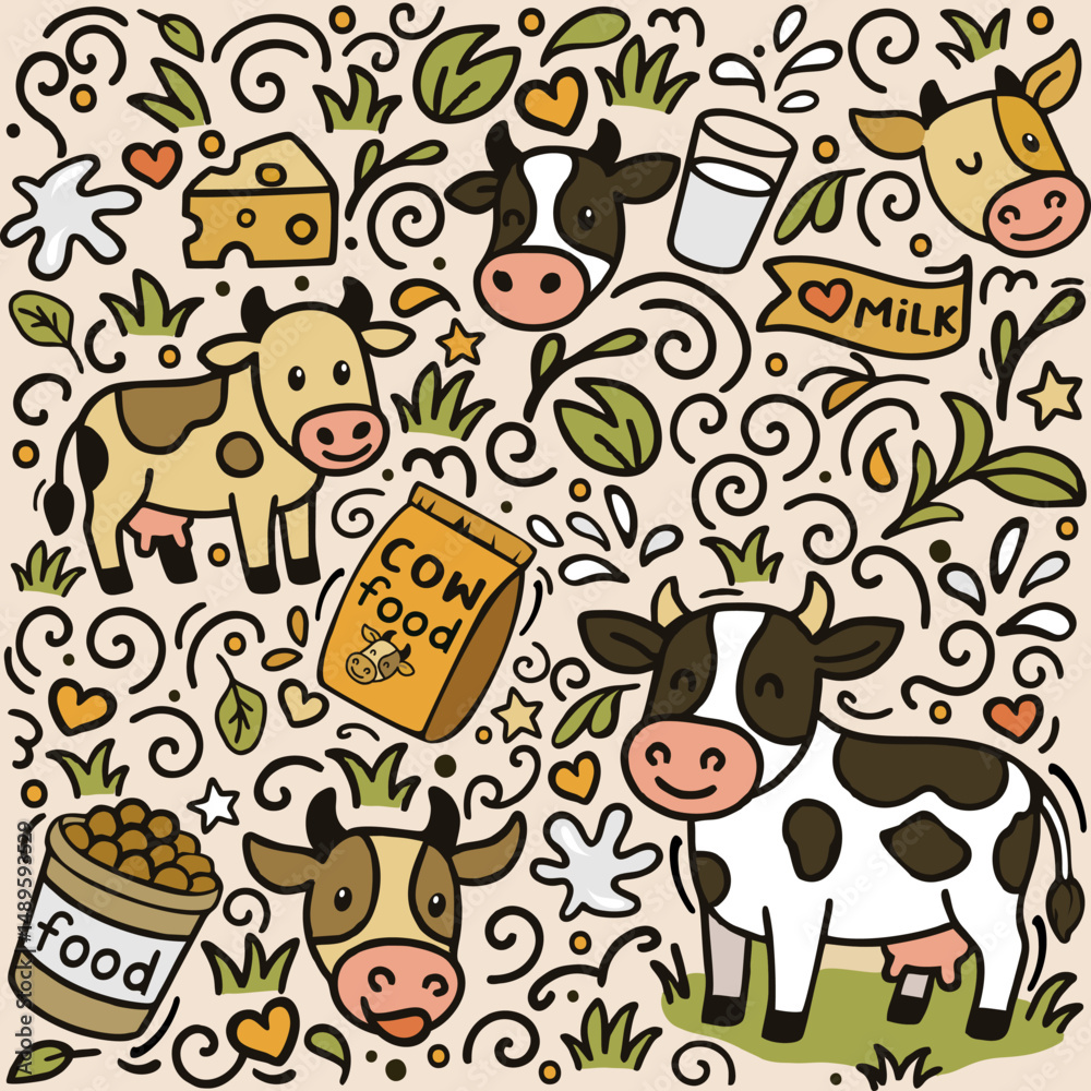 Obraz premium The seamless pattern of cow as pet ornament and doodle art, showing cow and many doodle ornament which is everything loved by cow as a pet. This pattern can be use to be fabric pattern, and many other