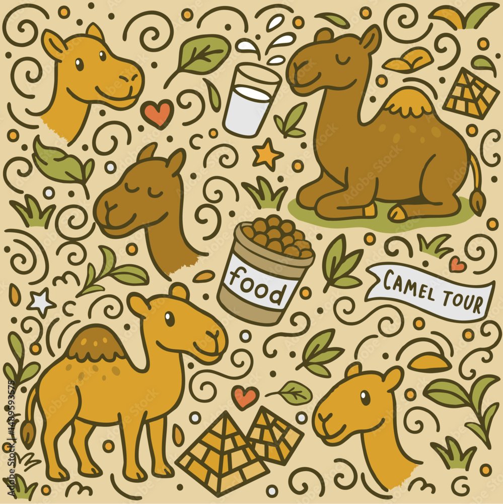 Obraz premium The seamless pattern of camel as pet ornament and doodle art, showing camel and many doodle ornament which is everything loved by camel as a pet. This pattern can be use to be fabric pattern, and many