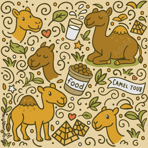 The seamless pattern of camel as pet ornament and doodle art, showing camel and many doodle ornament which is everything loved by camel as a pet. This pattern can be use to be fabric pattern, and many