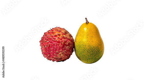 a fruit with a red and green fruit on it